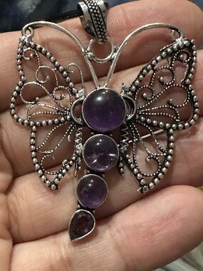 Filigree Butterfly Pendant Necklace with Purple Gemstone Accents